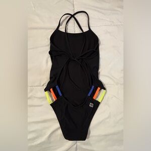 JOLYN Nico Tie-Back One Piece Swimsuit Black w/ Neon Straps Size 30